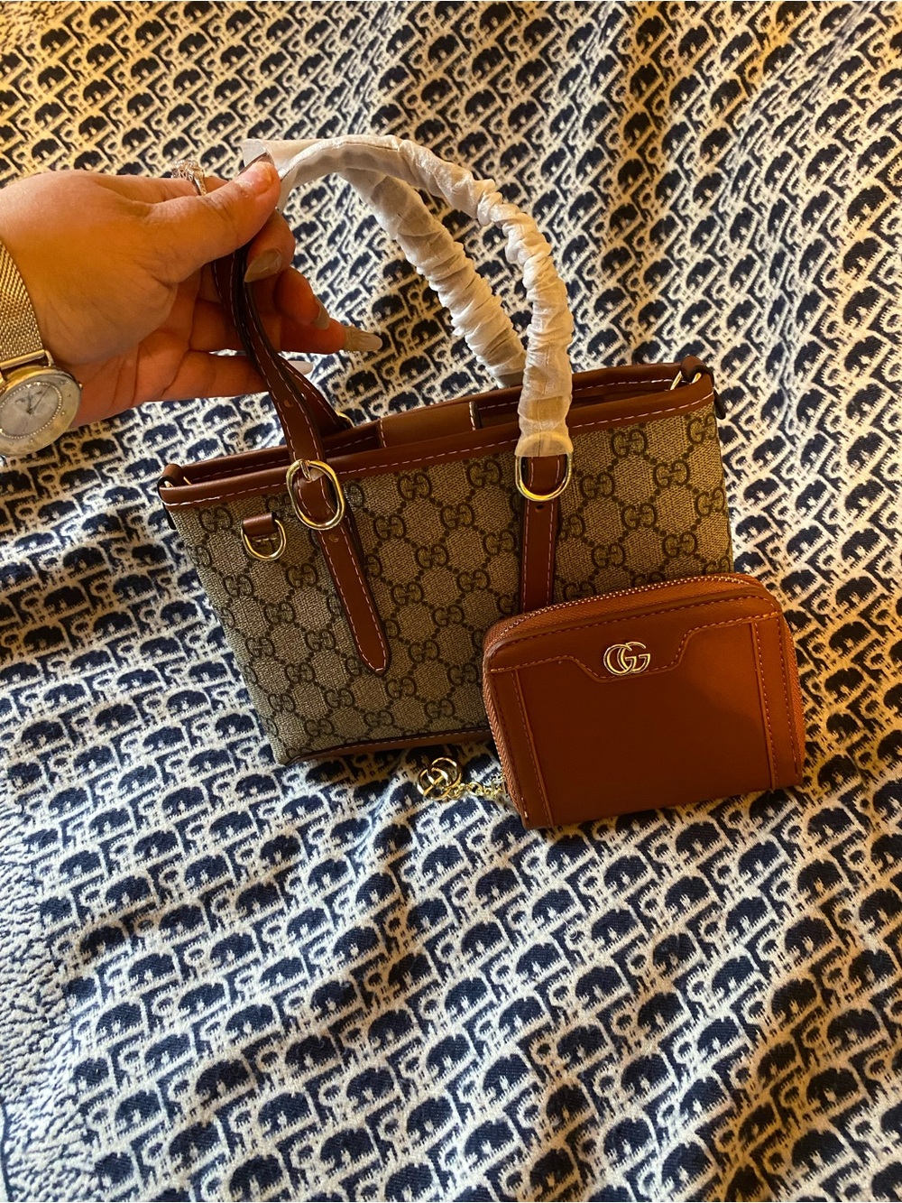 Gucci Brown Monogram Mini Tote with Brown Leather Wallet